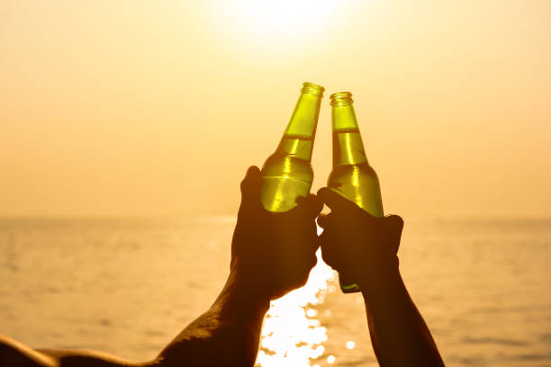 un paio di mani che tengono bottiglie di birra, sferrazzando in spiaggia al tramonto estivo - clang foto e immagini stock