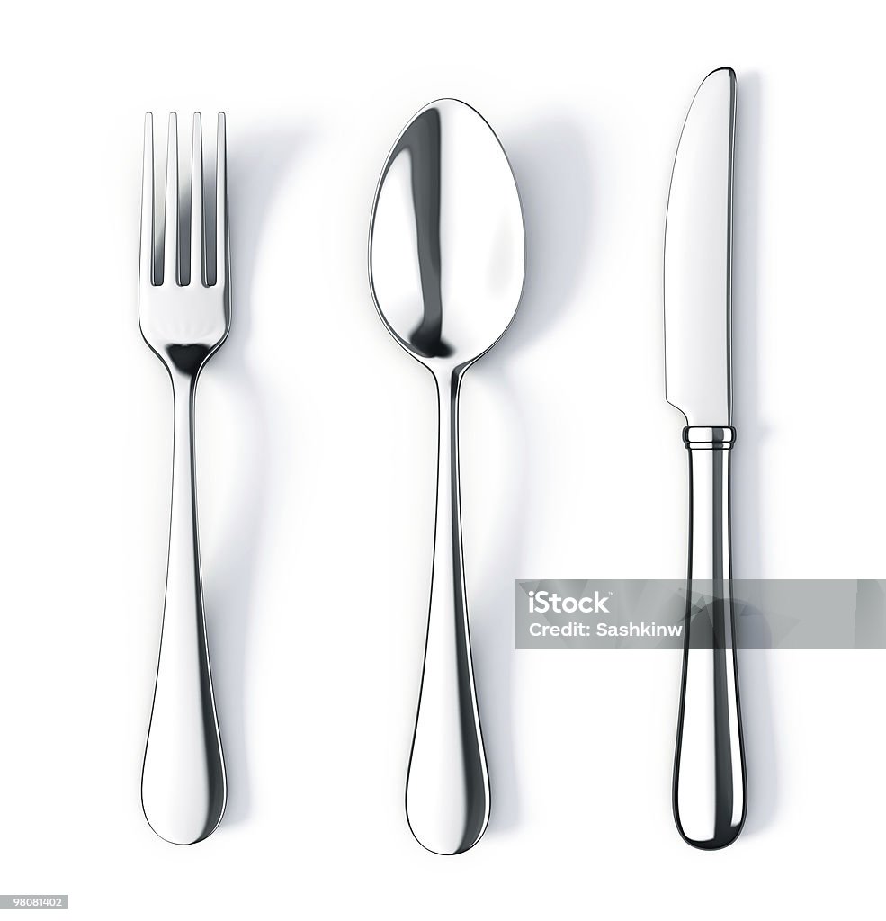 Fork spoon and knife Fork spoon and knife on white background - 3d render Fork Stock Photo