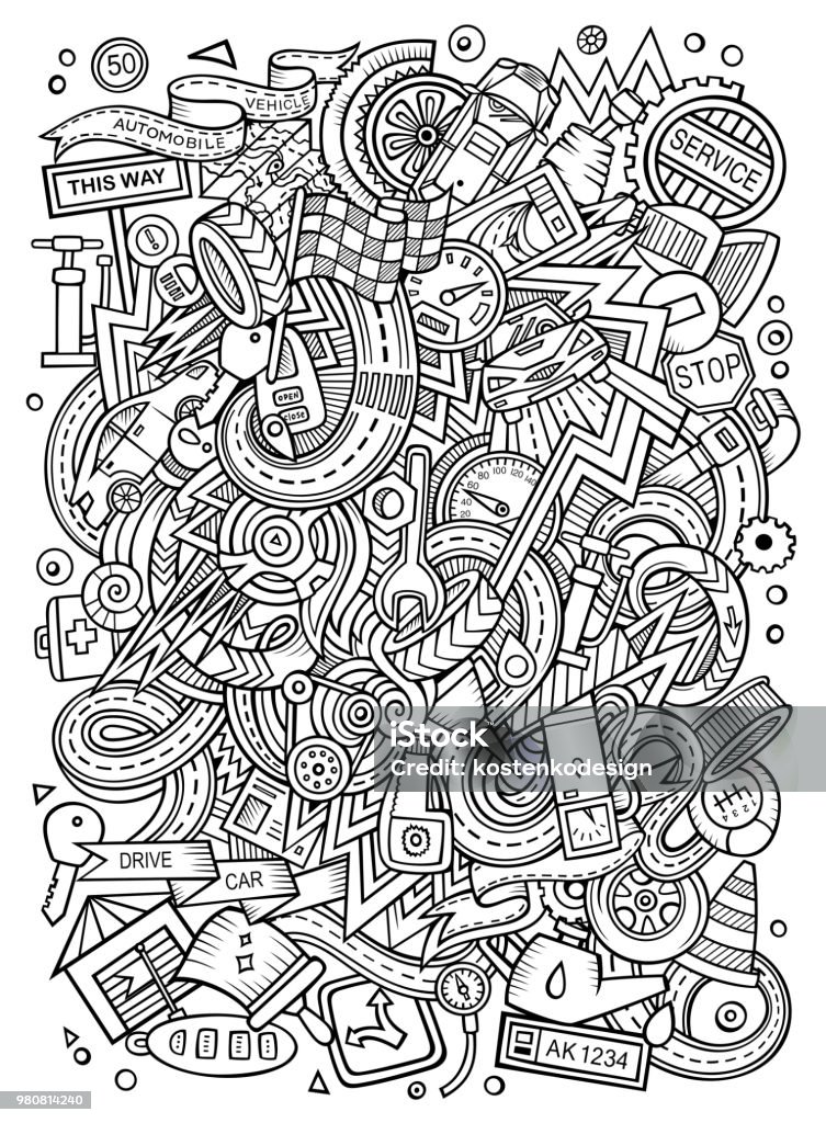 Cartoon cute doodles Autumotive illustration Cartoon cute doodles hand drawn Autumotive illustration. Line art detailed, with lots of objects background. Funny vector artwork. Sketchy picture with cuisine theme items Auto Repair Shop stock vector