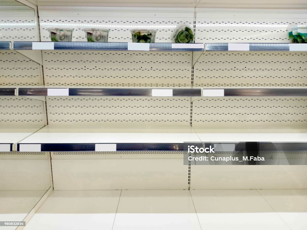 Empty shelf in grocery store Close-up of empty snack shelf Empty Stock Photo