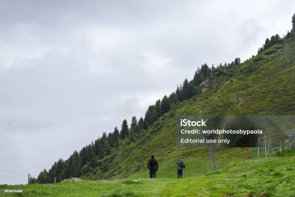 Hiking in the Swiss Alps Father and son hike on the Swiss alps near the town of Riederalp Beauty In Nature Stock Photo