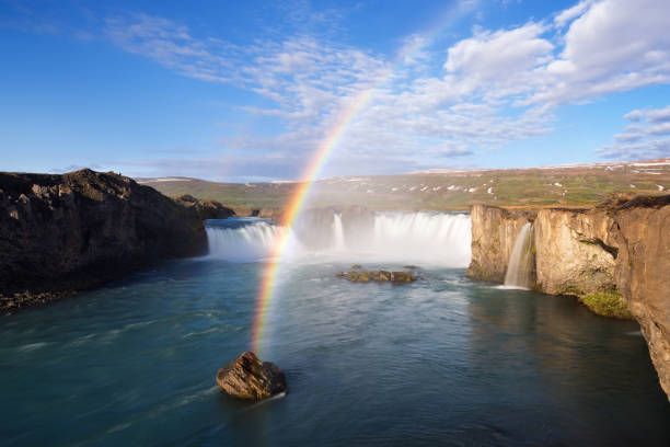 istock Godafoss waterfall and rainbow on a sunny morning 980838970