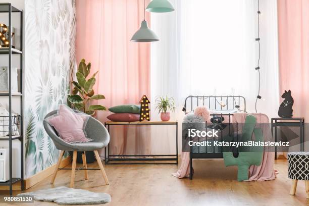 Pink And Grey Bedroom Interior Stock Photo - Download Image Now - Bedroom, Domestic Room, Child