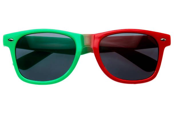 istock Red-green sunglasses on white background 980870596