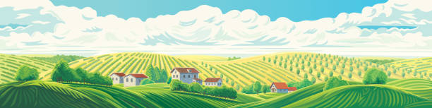 Rural panoramic landscape Rural panoramic landscape with a village and hills with gardens and fruit trees plantation stock illustrations