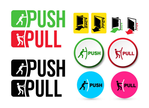 ilustraciones, imágenes clip art, dibujos animados e iconos de stock de conjunto de muestras de la puerta jale o empuje. manija para abrir puertas. ilustración de vector. aislado sobre fondo blanco - tirar de