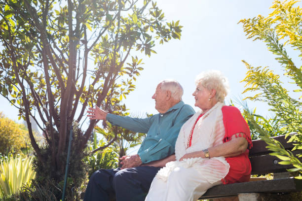 istock Low angle view of a senior couple sitting on a park bench 980889766