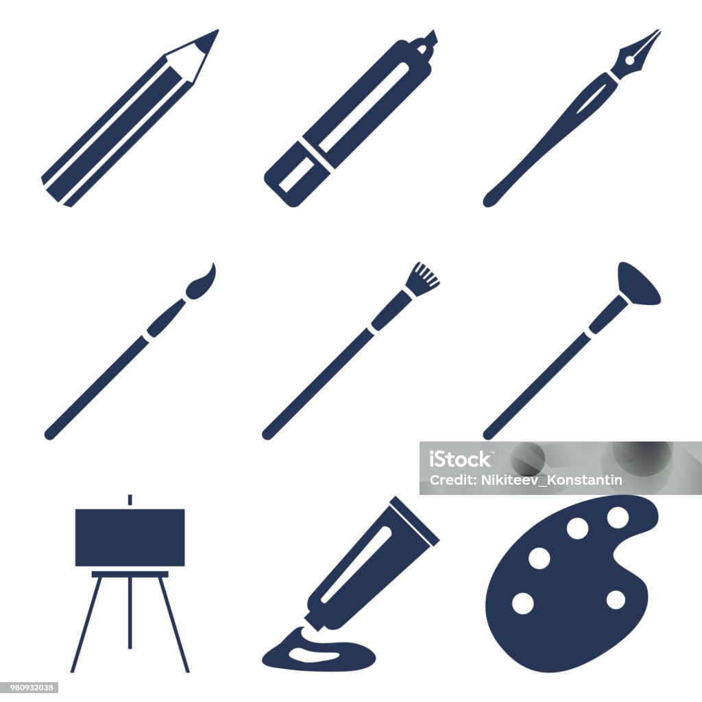 Vektor-Reihe von Silhouette Kunst Symbole. Malen und schreiben Werkzeuge - Lizenzfrei Pinsel Vektorgrafik