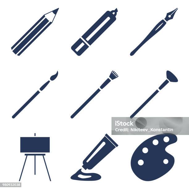 Vector Set Of Silhouette Art Icons Painting And Writing Tools Stock Illustration - Download Image Now