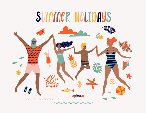 EPS 10 summer illustration with happy family. Tropical beach. Typographic vector illustration.