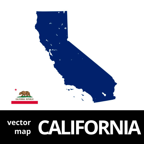 illustrazioni stock, clip art, cartoni animati e icone di tendenza di mappa vettoriale della california con bandiera statale. mappa blu su sfondo bianco. - silicon valley