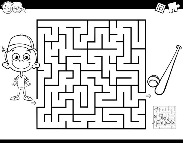 Vector illustration of maze color book with boy and baseball