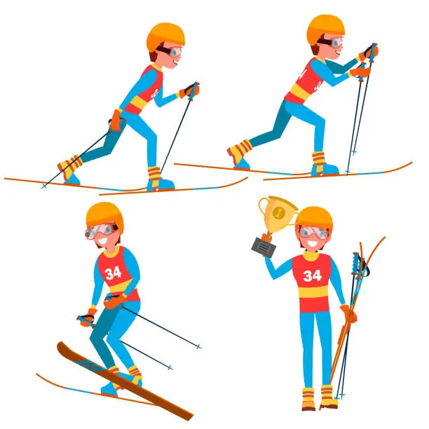 Vector illustration of Skiing Young Man Player Vector. Man. Ski Resort. Skiing In The Mountains. Flat Athlete Cartoon Illustration