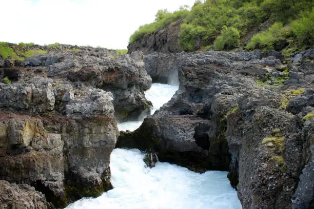 Hraunfossar waterfalls and rapids.