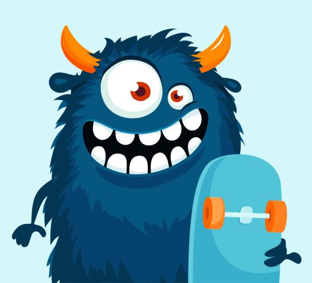lustige comic-monster mit skateboard. - fell stock-grafiken, -clipart, -cartoons und -symbole