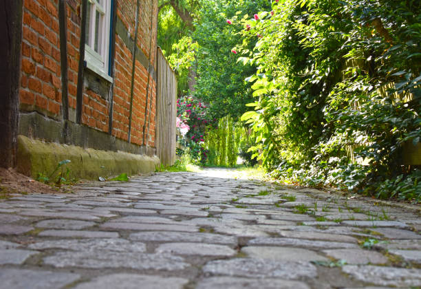 Low angle shot to a historical cobblestone alley with red half-timbered houses in the German medieval town Hitzacker.
