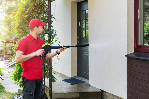 worker with high pressure washer cleaning house facade worker with high pressure washer cleaning house facade house washing stock pictures, royalty-free photos & images