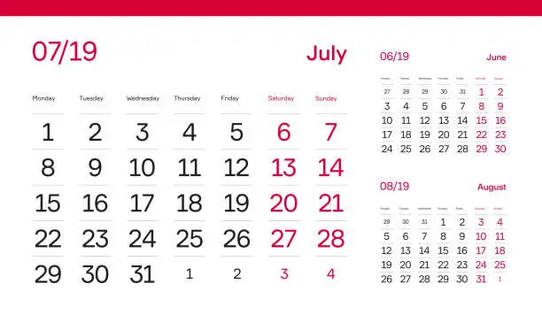 Vector illustration of July Month Page. Premium 2019 Calendar Grid Set of 12 Months. Table, Wall, Desk, Quarter Diary Calendar 2019 Year Design. Clean, Simple Diary Planner. Vector, Editable. White Background and Red Font.