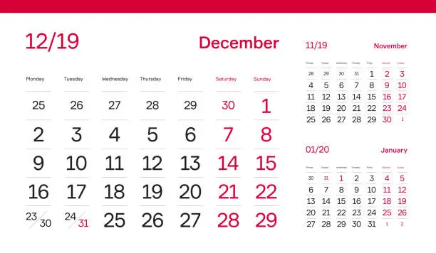 Vector illustration of December Month Page. Premium 2019 Calendar Grid Set of 12 Months. Table, Wall, Desk, Quarter Diary Calendar 2019 Year Design. Clean, Simple Diary Planner. Vector, Editable. White Background and Red Font.