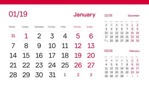 Vector illustration of January Month Page. Premium 2019 Calendar Grid Set of 12 Months. Table, Wall, Desk, Quarter Diary Calendar 2019 Year Design. Clean, Simple Diary Planner. Vector, Editable. White Background and Red Font.