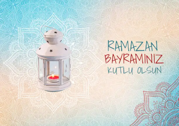 "Ramazan Bayraminiz Kutlu Olsun" card with mandala drawing and Ramadan lantern, candle