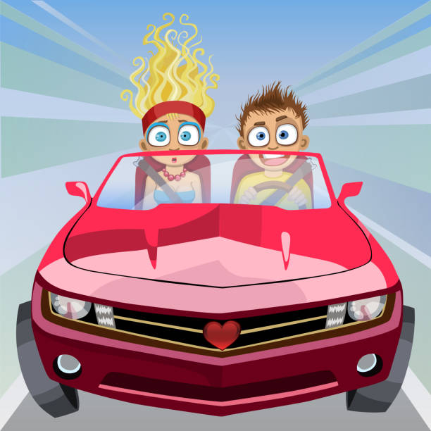 мальчик и девочка едут в машине на большой скорости - couple bizarre cartoon men stock illustrations
