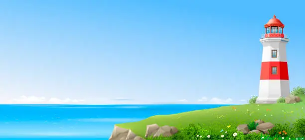 Vector illustration of Lighthouse on a green hill above the sea