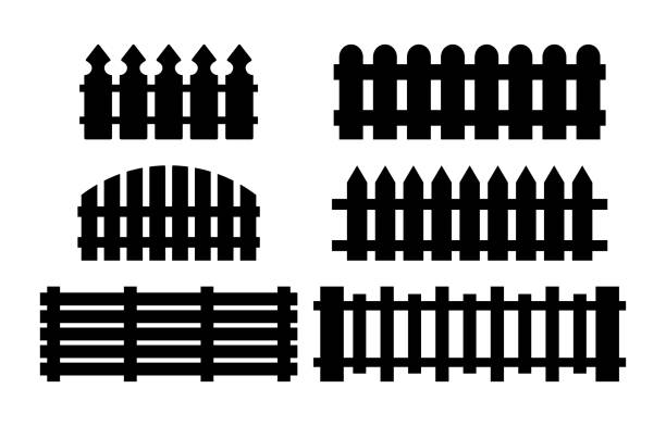 ilustrações, clipart, desenhos animados e ícones de conjunto de cerca de madeira. desenho de silhueta simples isolado no branco - non urban scene silhouette fence gate