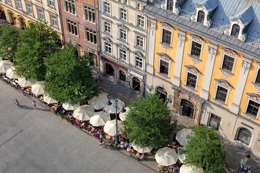Aerial view of Market Square with street restaurants in Cracow, Poland