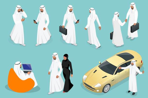 ilustrações de stock, clip art, desenhos animados e ícones de isometric businessman saudi arab man and woman character design with different poses, car on blue background isolated vector illustration. arabic business man on traditional national muslim clothes. - arabic characters