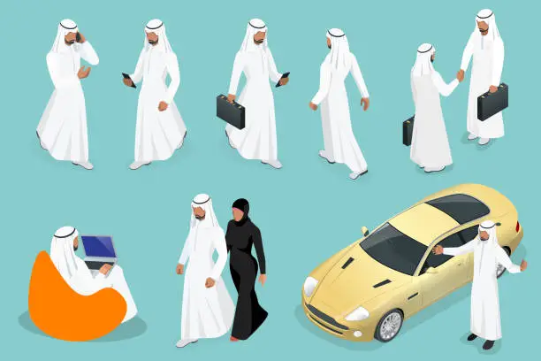 Vector illustration of Isometric businessman Saudi Arab man and woman character design with different poses, car on blue background isolated vector illustration. Arabic Business man on Traditional National Muslim Clothes.