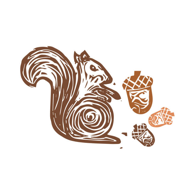 A cute fall-themed linocut stamp on a blank background.