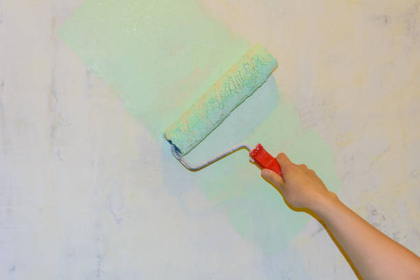 istock a cushion with a red handle in hand paints a green paint the plastered wall 981040580