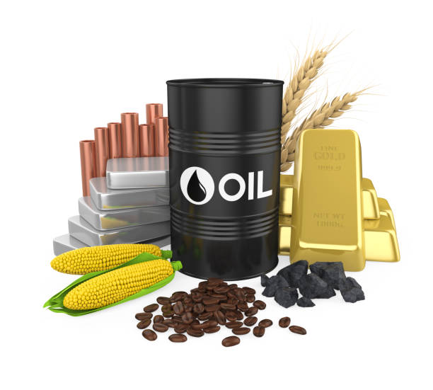 commodities - oil, gold, silver, copper, corn, coal, wheat and coffee beans - golden wheat imagens e fotografias de stock