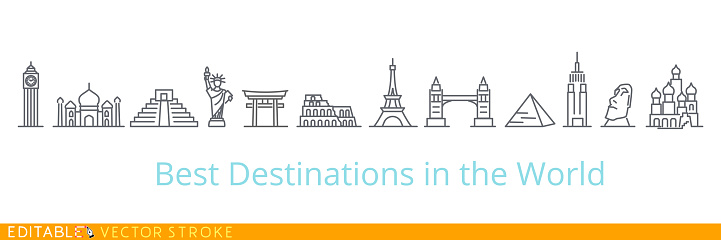 Best tourist destinations in the world. Editable vector stroke set icons. USA Russia Europe China England India Egypt.