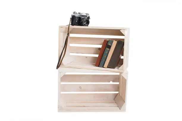 Wooden box bookshelf isolated
