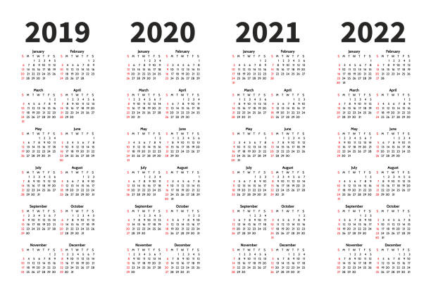 ilustraciones, imágenes clip art, dibujos animados e iconos de stock de plantilla de diseño de vectores de año calendario 2019, 2020, 2021 y 2022. minimalizm simple estilo. la semana comienza en el domingo. con orientación vertical. conjunto de 12 meses - 2019