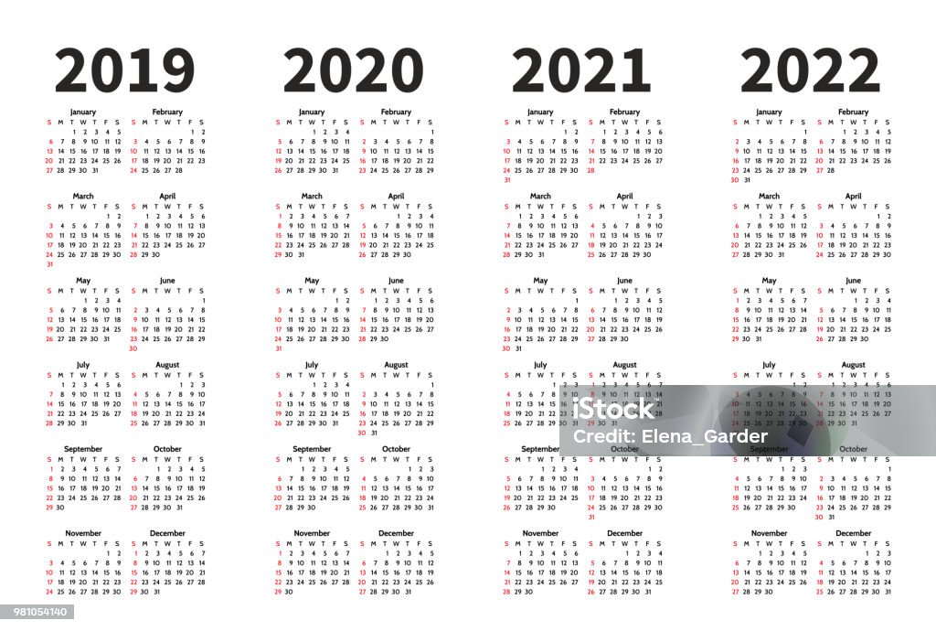 Calendar 2019, 2020, 2021 and 2022 year vector design template. Simple minimalizm style. Week starts from Sunday. Portrait Orientation. Set of 12 Months Calendar stock vector Calendar 2019, 2020, 2021 and 2022 year vector design template. Simple minimalizm style. Week starts from Sunday. Portrait Orientation. Set of 12 Months Calendar stock vector
