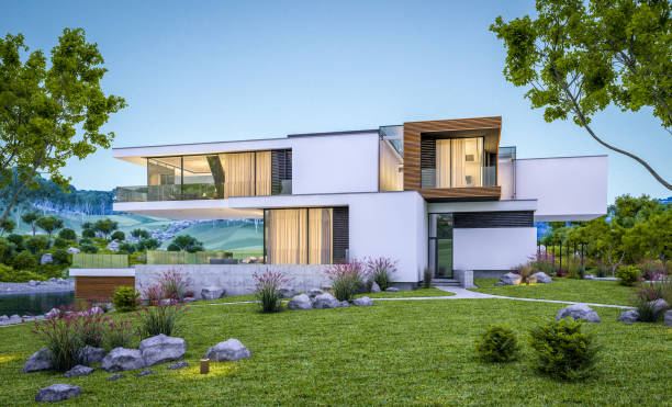 istock 3d rendering of modern cozy house by the river at evening 981060788
