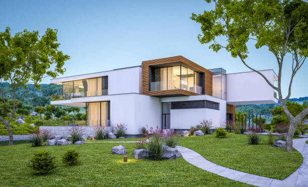 istock 3d rendering of modern cozy house by the river at evening 981060834