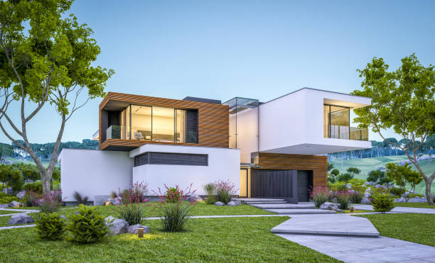 istock 3d rendering of modern cozy house by the river at evening 981060838