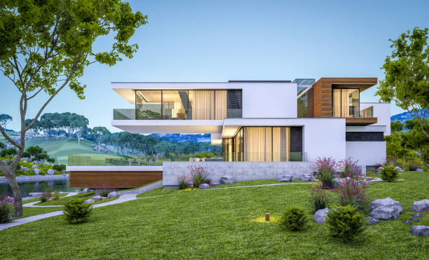 istock 3d rendering of modern cozy house by the river at evening 981060916