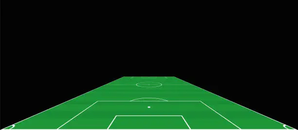 Vector illustration of Soccer field. Goalkeepers extensive perspective view. Green pitch, sports turf. Vector illustration on black background.