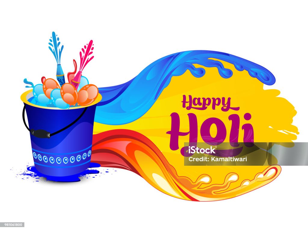 Happy Holi Greeting Card Pichkari And Color Splashes Vector ...