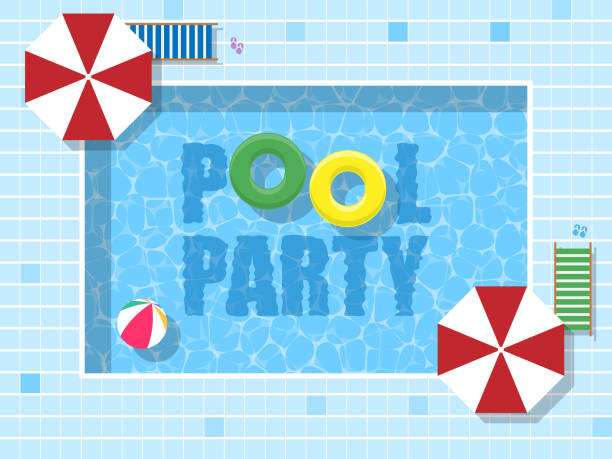 ilustrações de stock, clip art, desenhos animados e ícones de pool party flat design top view illustration - swimming pool party summer beach ball