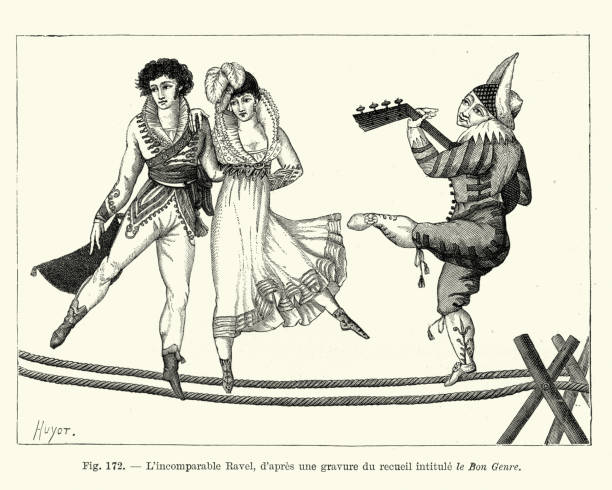 ilustrações, clipart, desenhos animados e ícones de artistas de circo dançar sobre uma corda, acompanhada de um palhaço - tightrope walking circus skill