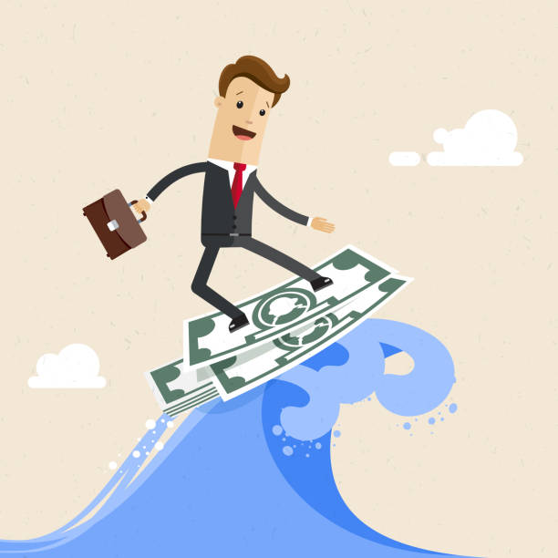 istock Happy successful businessman surfing on the wave on dollar banknote. 981068804