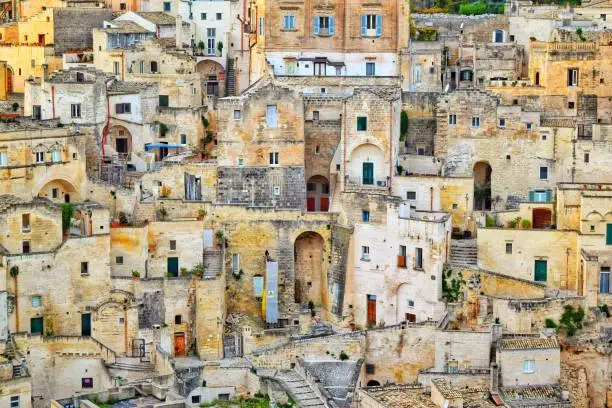 Sassi di Matera, ancient rock settlement in Italy. Bright sunny day.