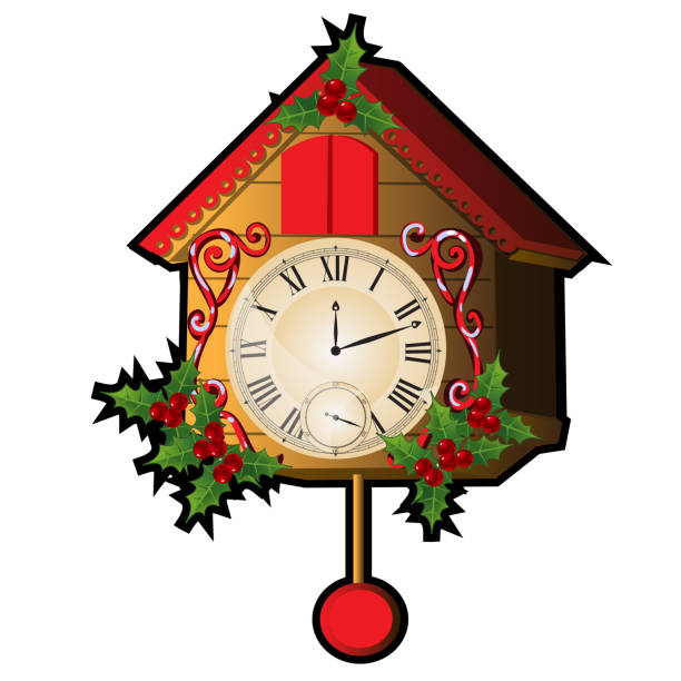istock Cuckoo clock decorated with leaves and berries Holly isolated on a white background. Sketch for greeting card, festive poster or party invitations.The attributes of Christmas and New year. Vector 981072622