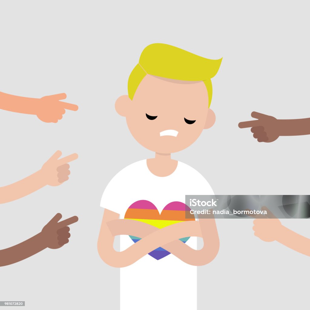 Victim of a bullying. Fingers pointing on the upset character. Mocking. Ð¡onviction of the crowd. Flat editable vector illustration, clip art Blame stock vector